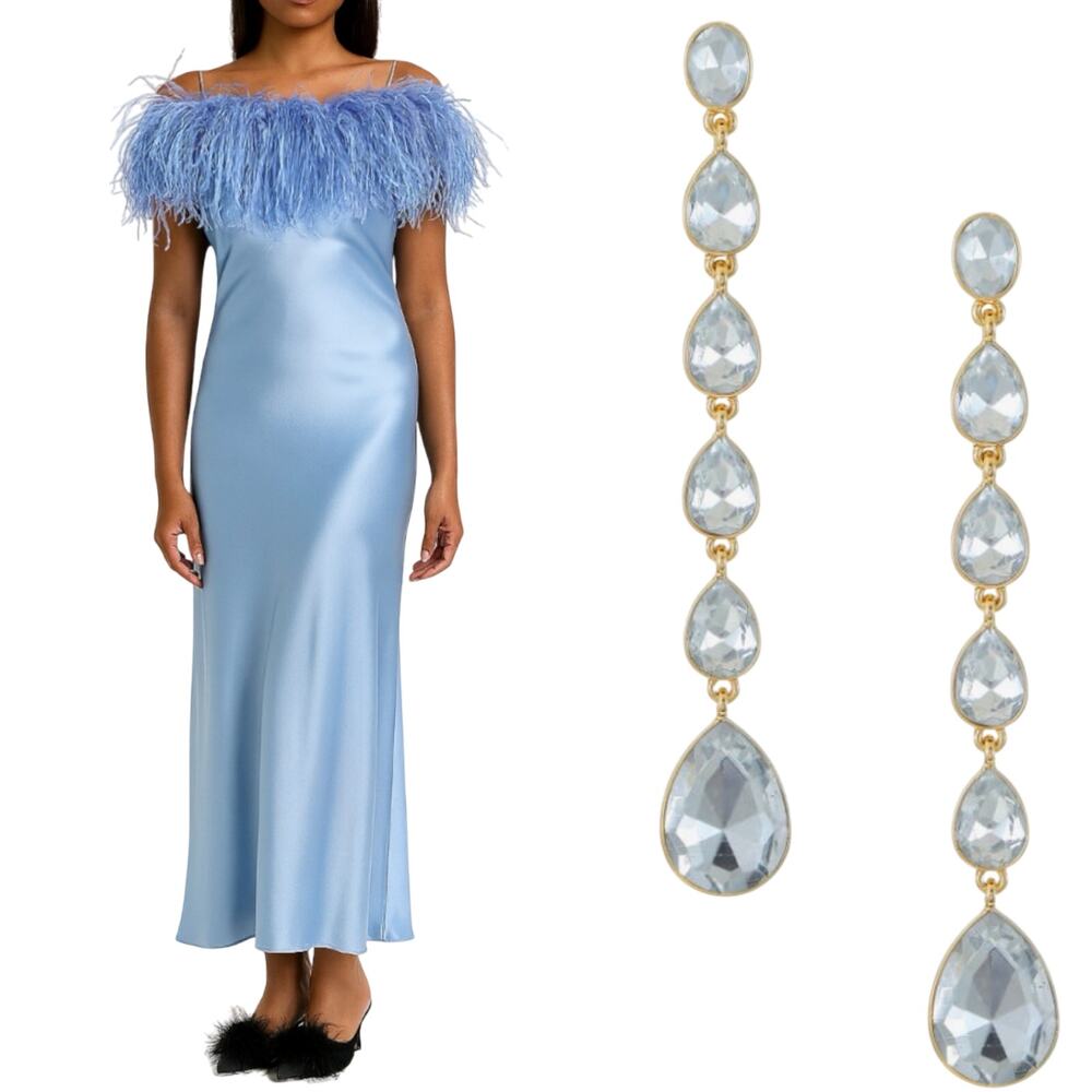 NWT - Sleeper Sky Blue Feathered Boheme Midi Slip Dress